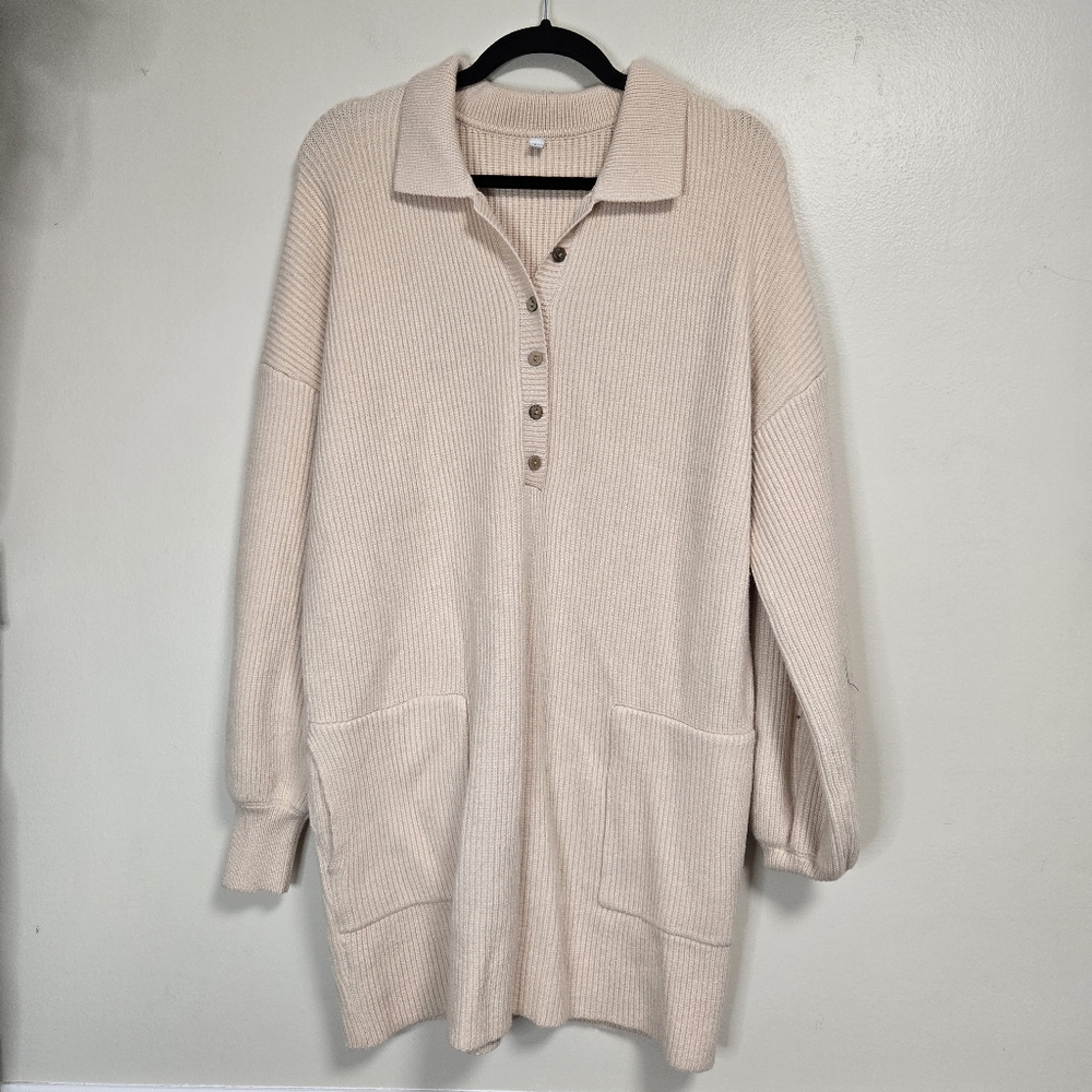 Womens Cream Corduroy Knit Half Button Sweater Dress Size Small